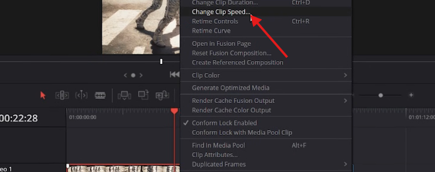 Selecting Change Clip Speed in DaVinci Resolve