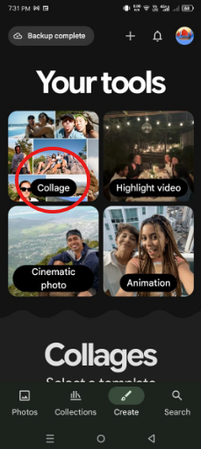Selecting Collage in the Photos app on Android