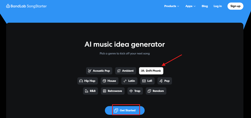 Selecting Drift Phonk in BandLab SongStarter