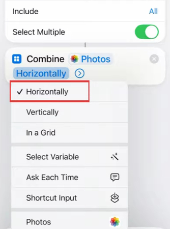 Selecting how two pictures are combined on the iPhone