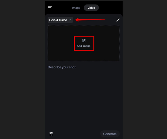Selecting model and uploading image to Runway AI video app