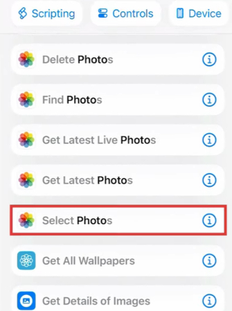 Selecting photos in shortcut search on iPhone