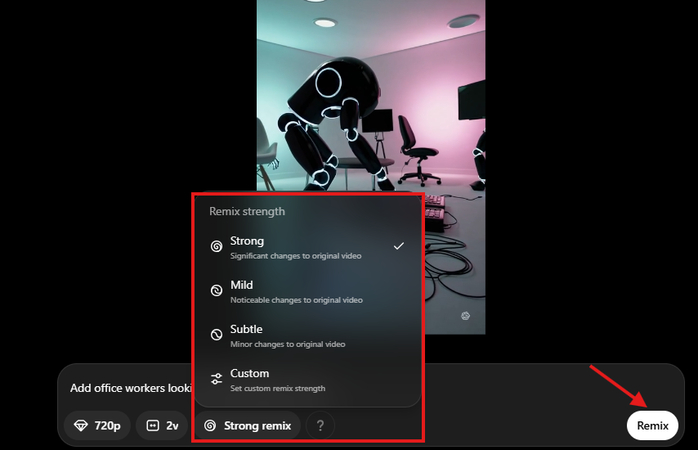 Selecting Remix strength in Sora AI Text to Video
