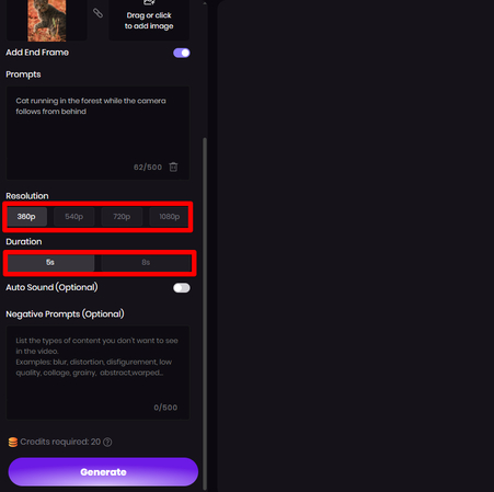 Selecting resolution and video duration in HitPaw Online AI Video Generator