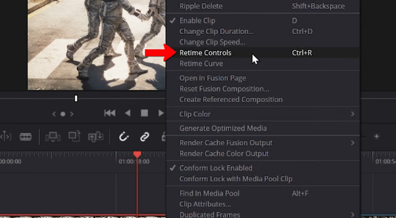 Selecting Retime Controls in DaVinci Resolve