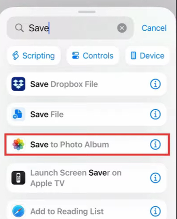 Selecting Save to Photo Album in the new iPhone shortcut