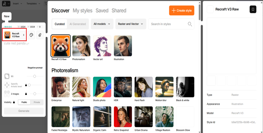 Selecting style and model in Recraft AI