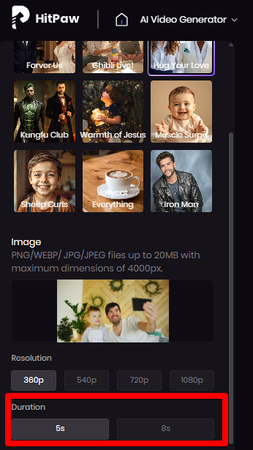 Selecting the AI hug video length