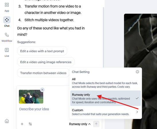 Selecting the chat settings for Runway AI Video to Video
