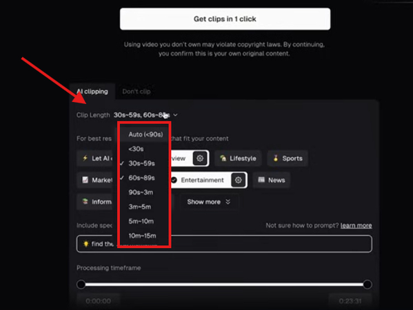 Selecting the length of the short clip