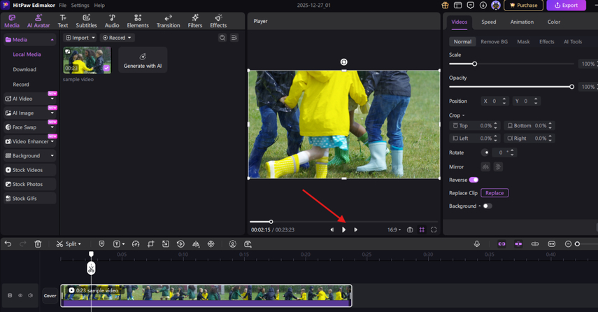 Selecting the Reverse option in HitPaw Edimakor for Snapchat