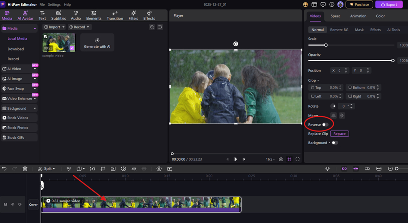 Selecting the Reverse option in HitPaw Edimakor for Snapchat