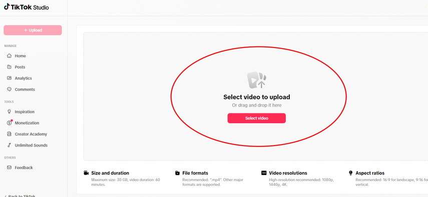 Selecting the video to upload to the TikTok web