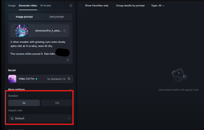 Selecting video duration and aspect ratio in Dreamina AI