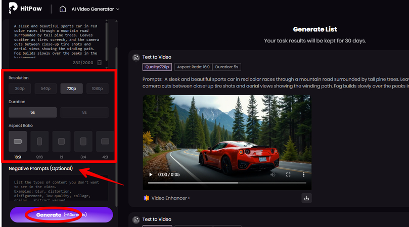 Selecting video quality settings for AI video generation