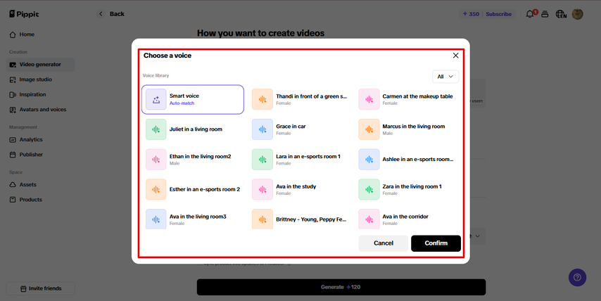 Selecting voiceover in Pippit AI