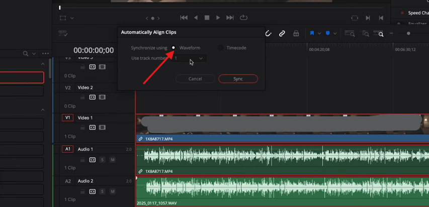 Selecting Waveform under synchronization in DaVinci Resolve