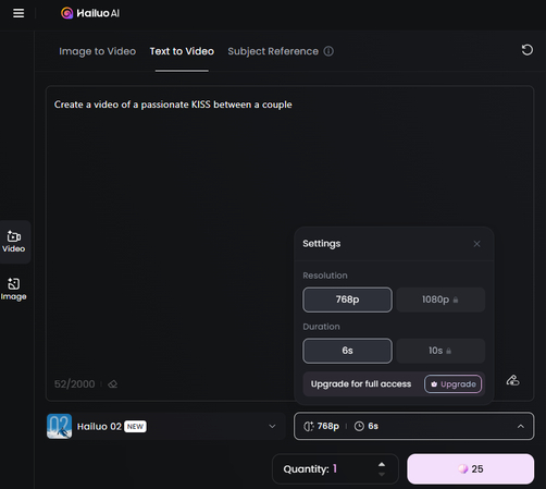 Setting the length for the kiss video in Hailuo AI