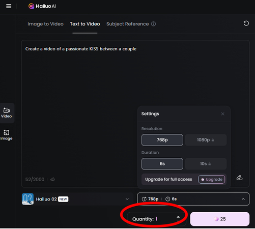 Setting the number of previews for the kiss video in Hailuo AI
