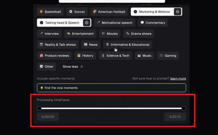 Setting the video processing time in OpusClip