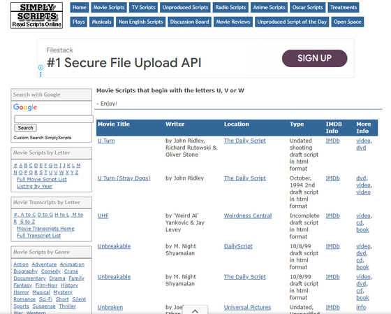 Simply Scripts site to download movie scripts