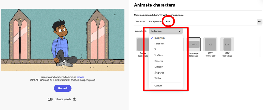 Sizes for animated characters in Adobe Express
