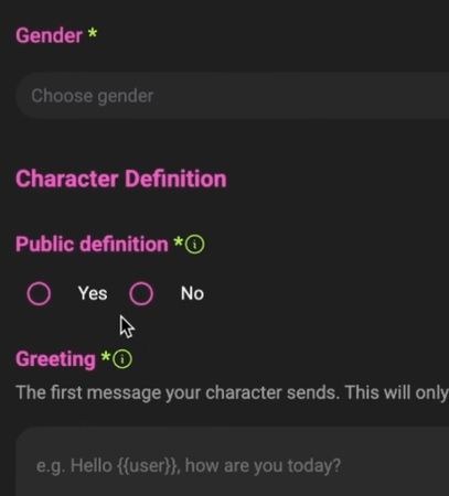 Specifying the gender, public definition, and the greeting message