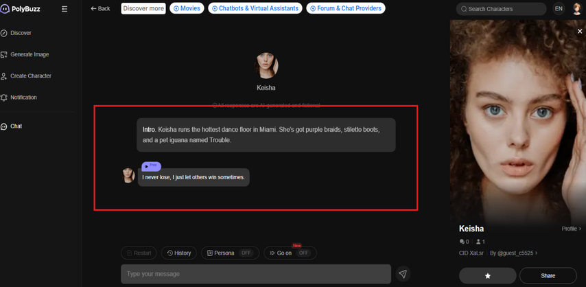 Start chat with the character created in Pollybuzz AI