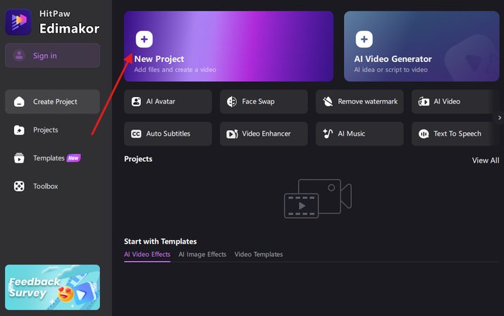 Starting a new project to reverse Snapchat video in HitPaw Edimakor