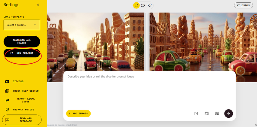 Starting a new project in Whisk AI