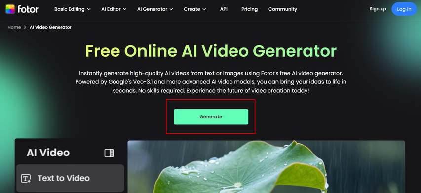 visit the fotor ai video generator website