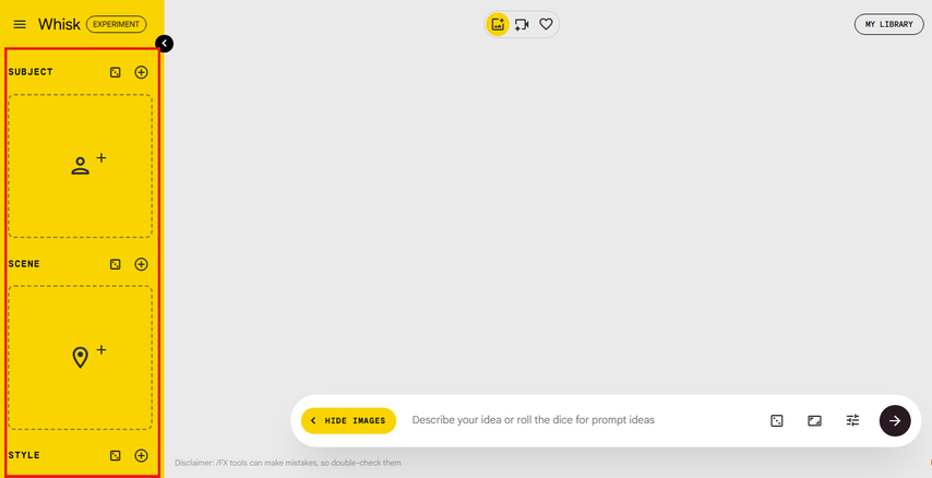 Subject, scene, and style image upload options in Whisk AI