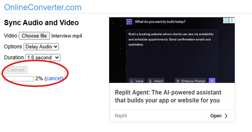 Syncing audio with video using OnlineConverter