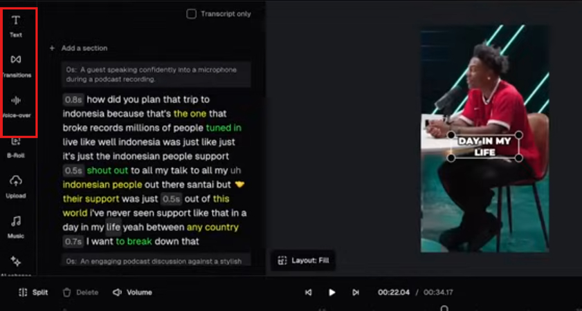 Text overlays, transitions, and voicerover options in OpusClip