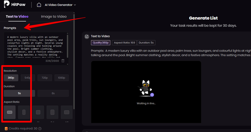Text Prompt and settings for creating a video like Love Island