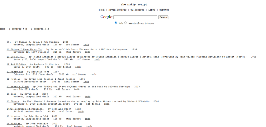 The Daily Script site to download movie scripts