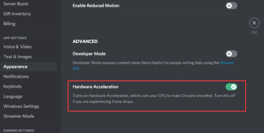Turning off hardware acceleration on Discord