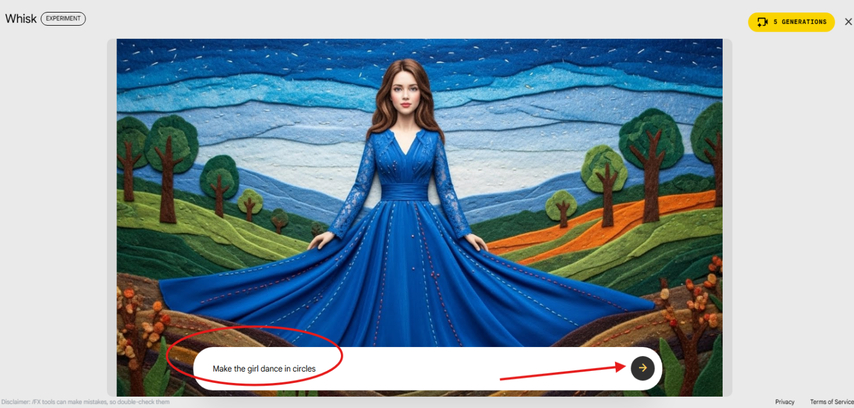 Typing a text prompt to generate a video from an image in Whisk AI