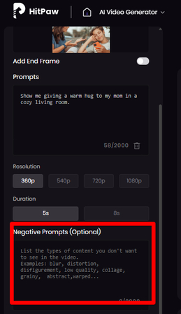 Typing in negative prompts for the AI hug video