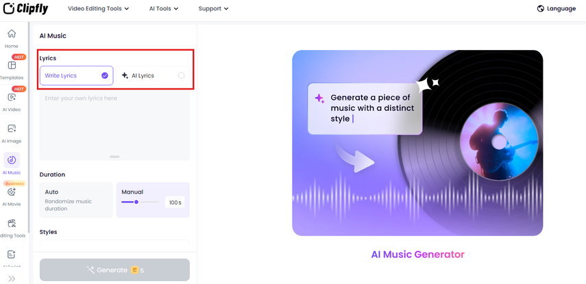 Typing lyrics or using AI to create phonk lyrics in Clipfly
