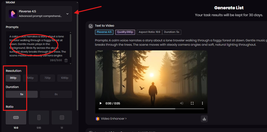 Typing text prompt and adjusting video settings