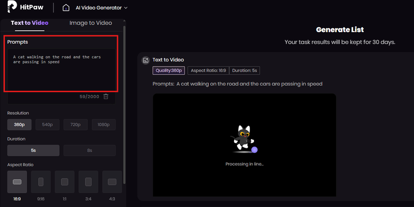 Typing text prompt to describe video output