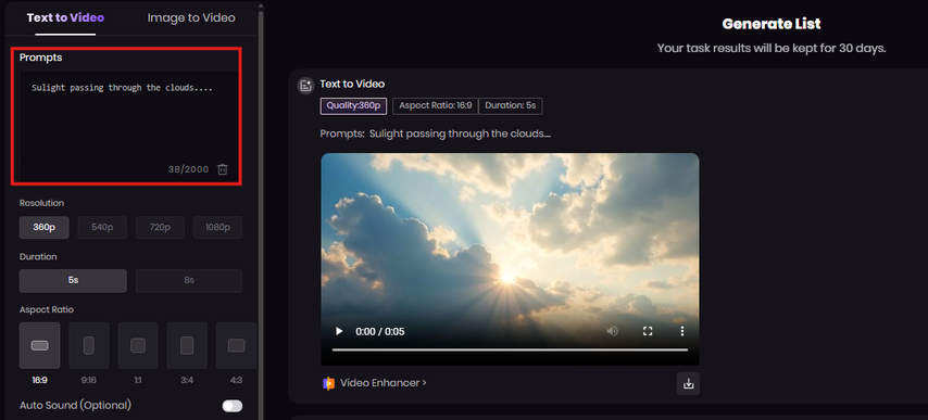 Typing text prompt to describe video output