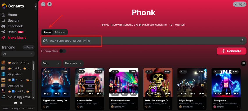 Typing text to make phonk music in Sonauto AI