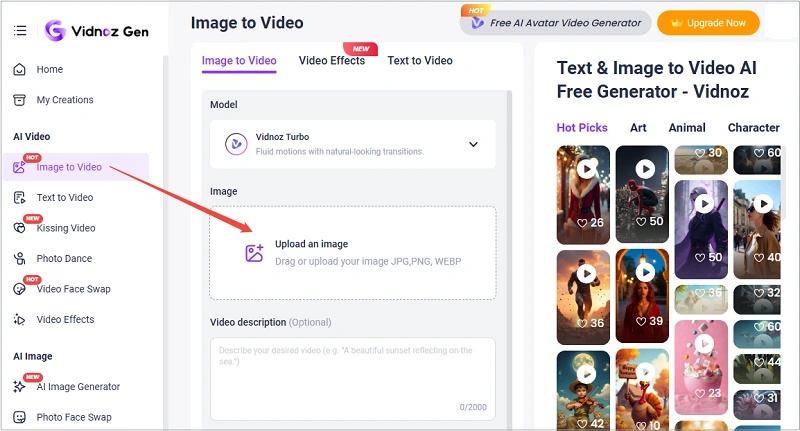 upload image to vidnoz ai