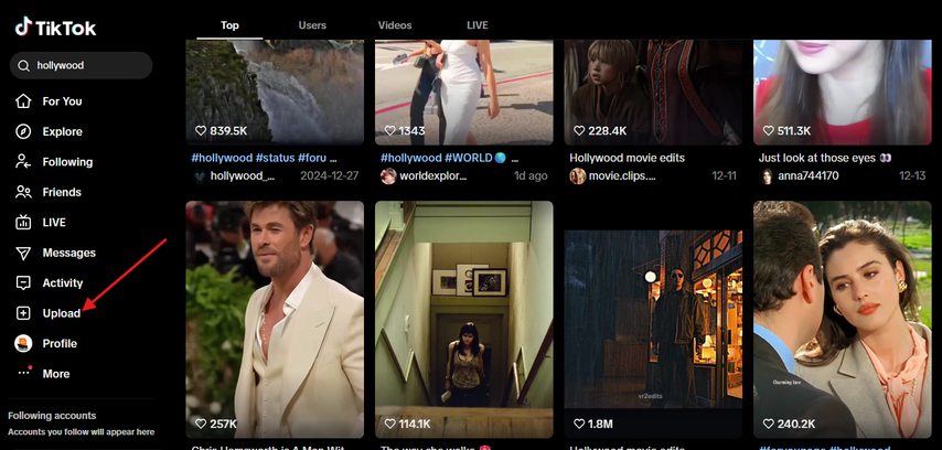 Upload option in TikTok web