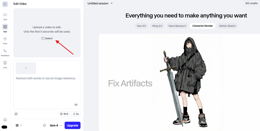 Uploading a video to Runway AI Video to Video