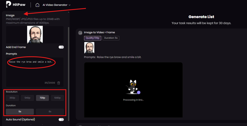 Uploading an anime photo to generate a video
