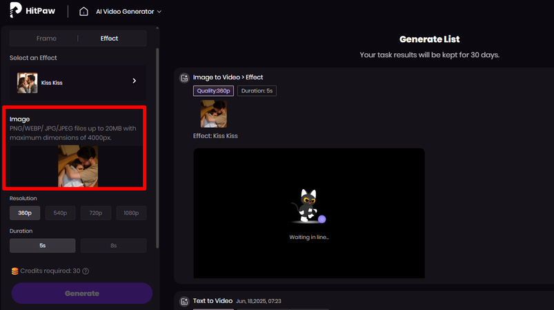Uploading an image for the AI kiss video