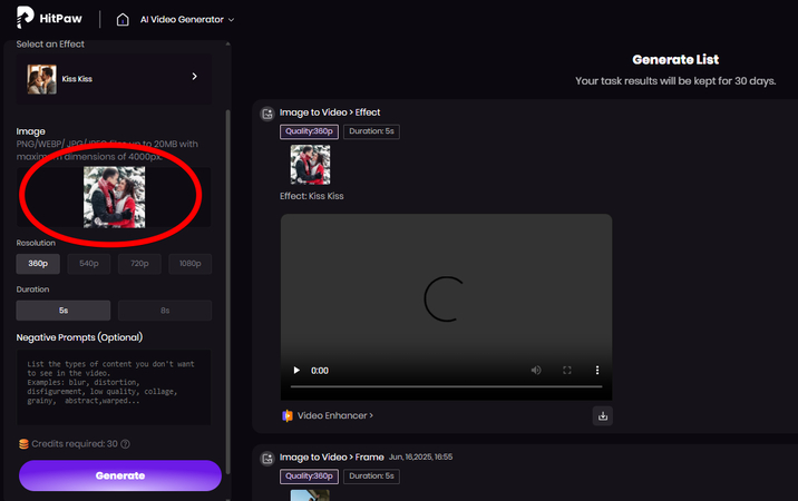 Uploading an image for the kiss video